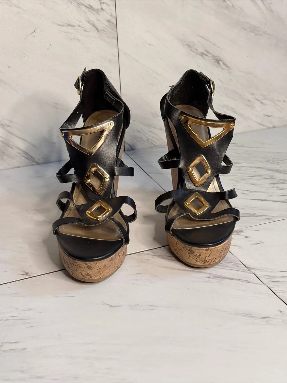 3/$50 Montego Bay Club Black Gold Cutout Cork Wedge Sandals Gladiator Heels 8.5
